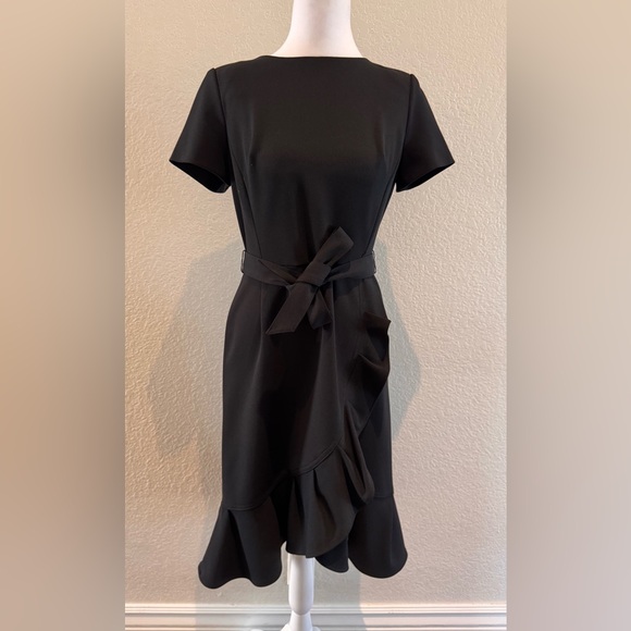 Calvin Klein Boat Neck Ruffle Hem Faux Wrap Dress – Black – Size 4 – Like New - Picture 2 of 16